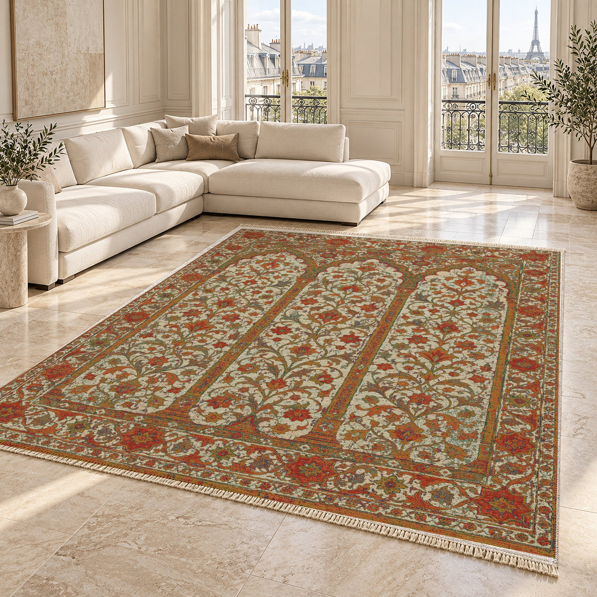 Scalloped Arcade Emerald & Terracotta washable rug angled room view on marble