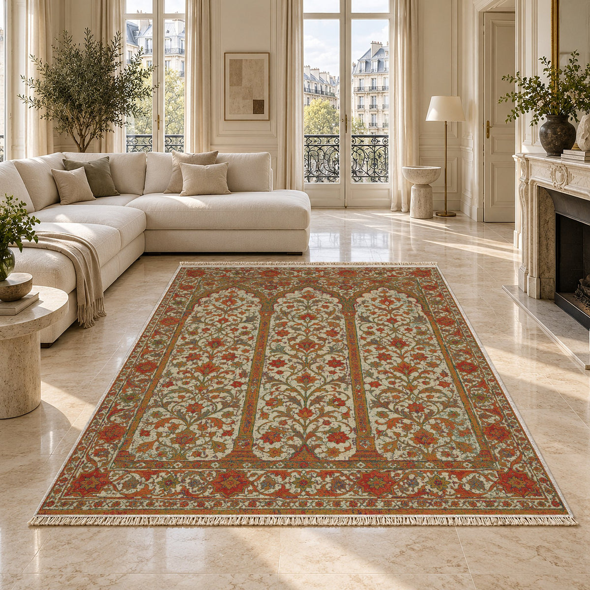 Scalloped Arcade Emerald & Terracotta washable rug on a marble floor