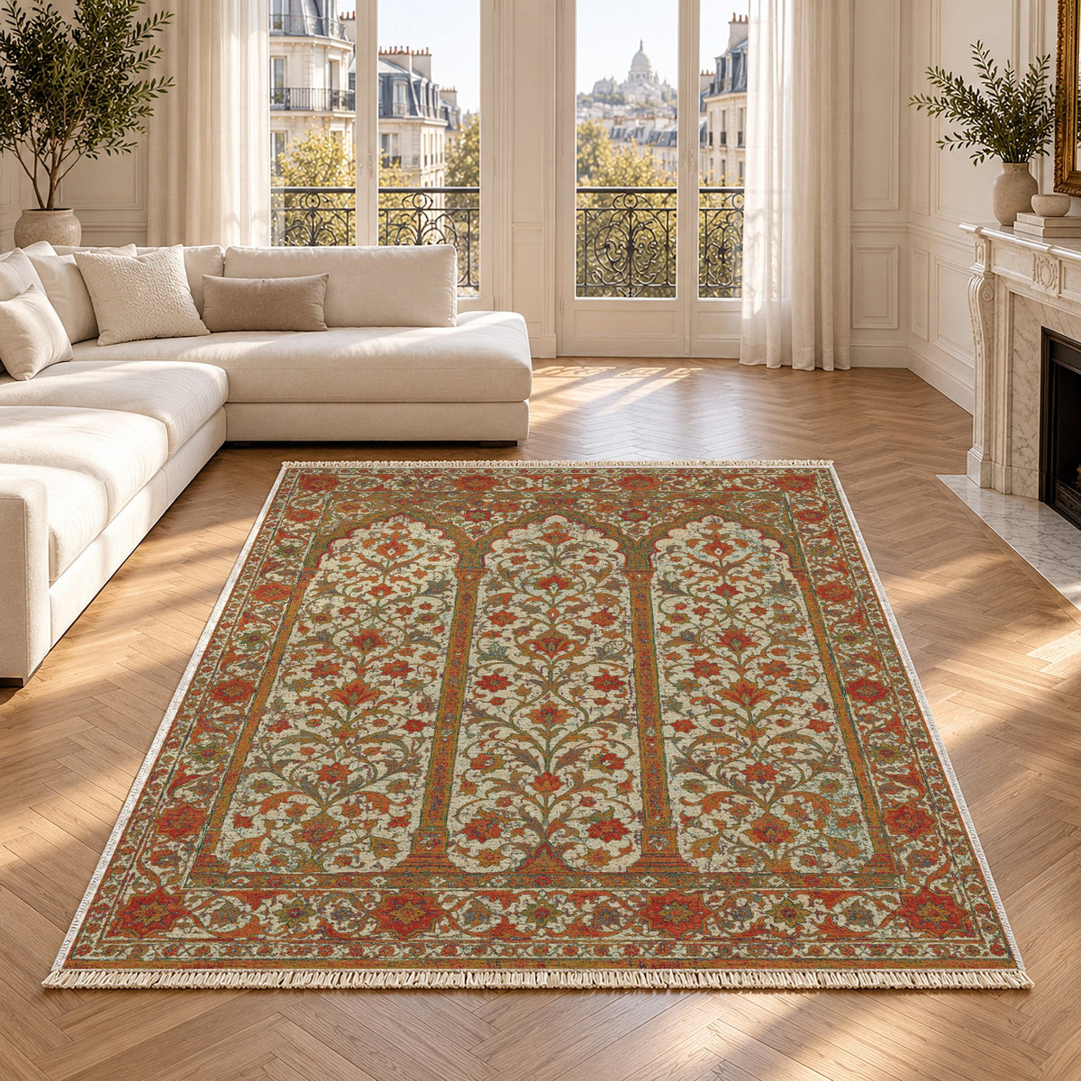 Scalloped Arcade Emerald & Terracotta washable rug in a Paris living room