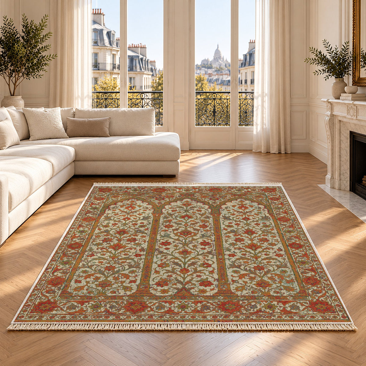 Scalloped Arcade Emerald & Terracotta washable rug on an oak floor
