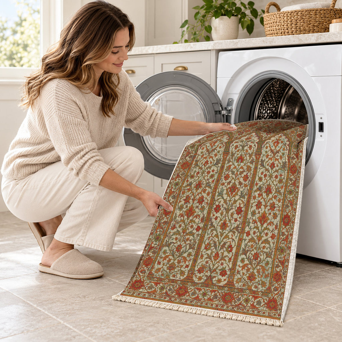 Scalloped Arcade Emerald & Terracotta washable rug being loaded into a washing machine
