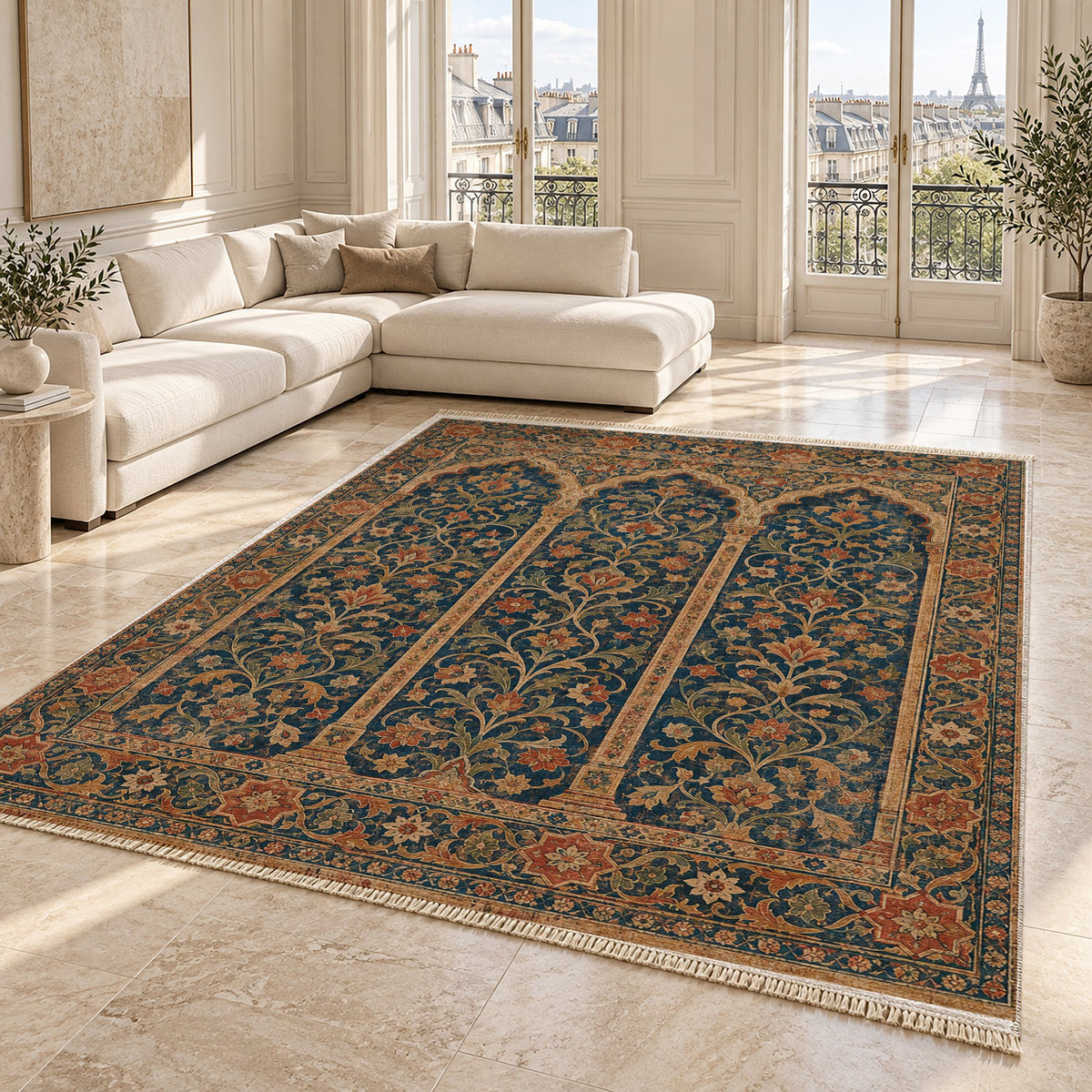 Scalloped Arcade Indigo & Rust washable rug angled room view on marble