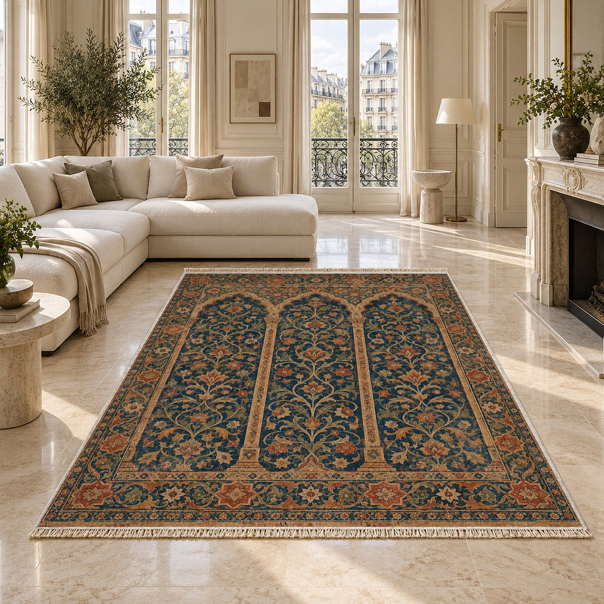 Scalloped Arcade Indigo & Rust washable rug on a marble floor