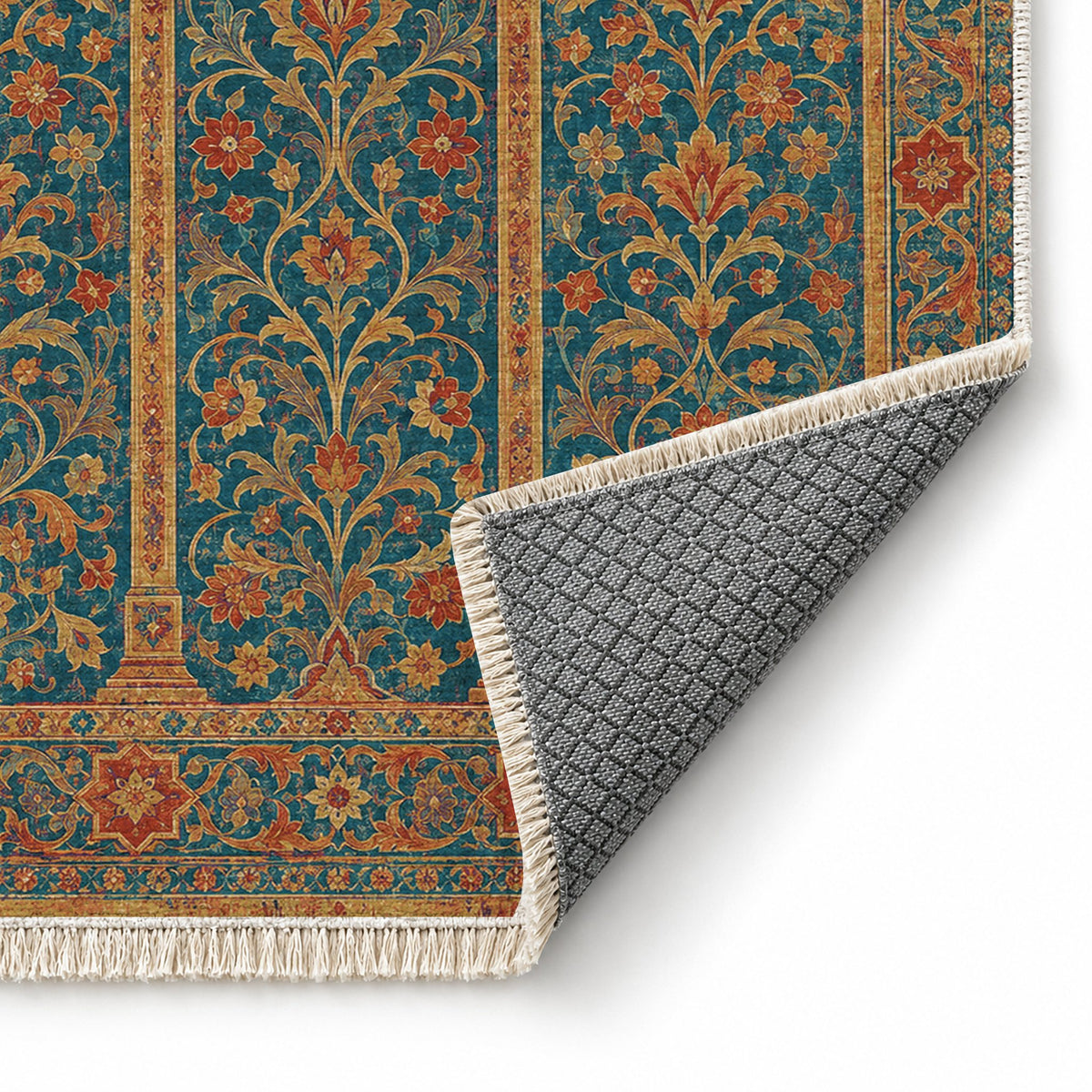 Scalloped Arcade Peacock & Ochre washable rug folded corner showing the backing