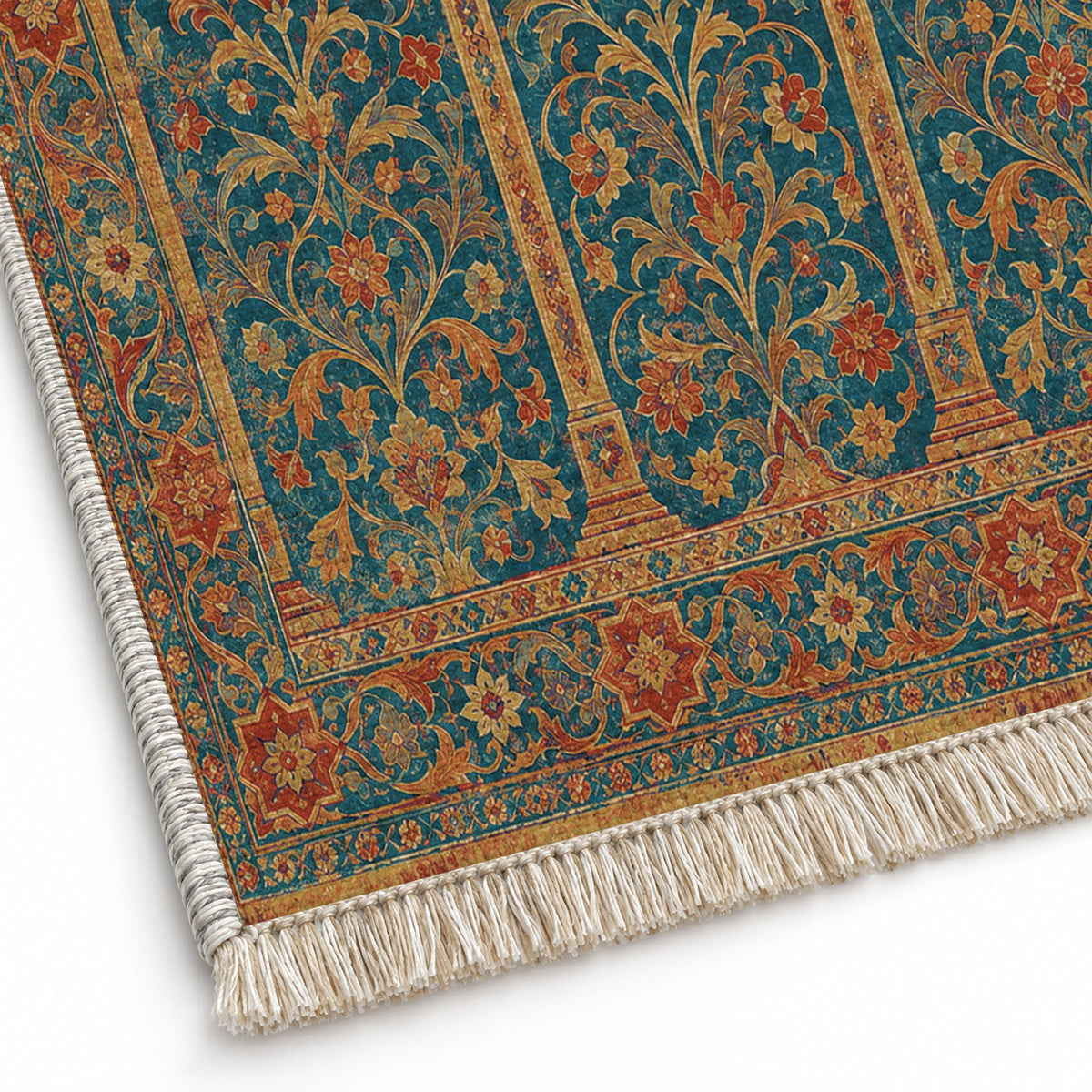 Scalloped Arcade Peacock & Ochre washable rug close-up of the printed chenille