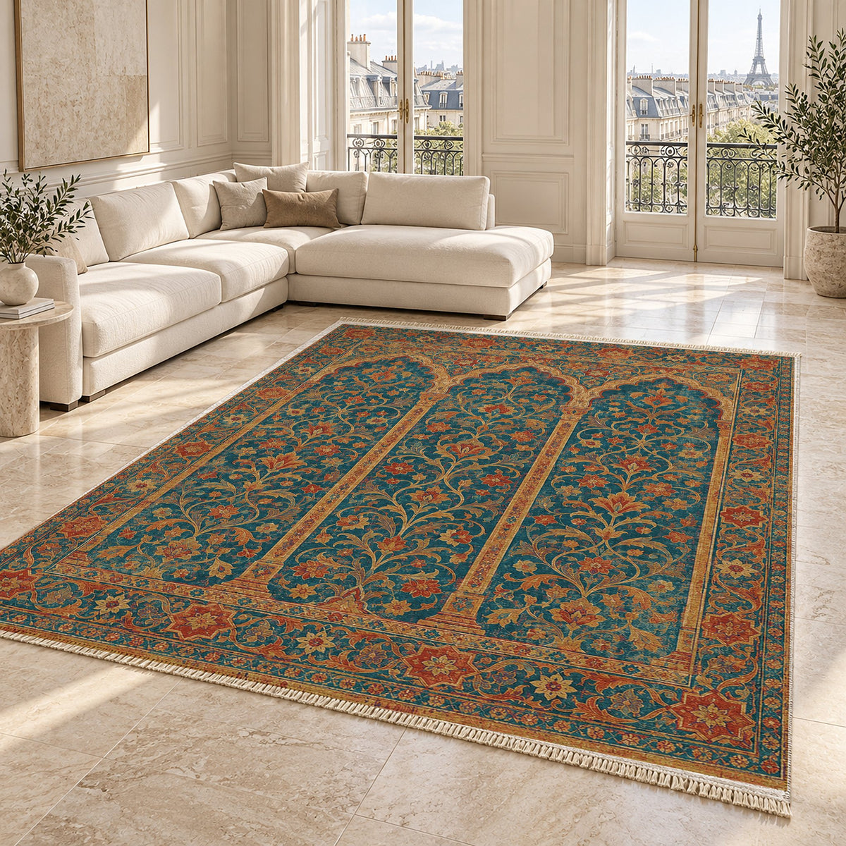 Scalloped Arcade Peacock & Ochre washable rug angled room view on marble