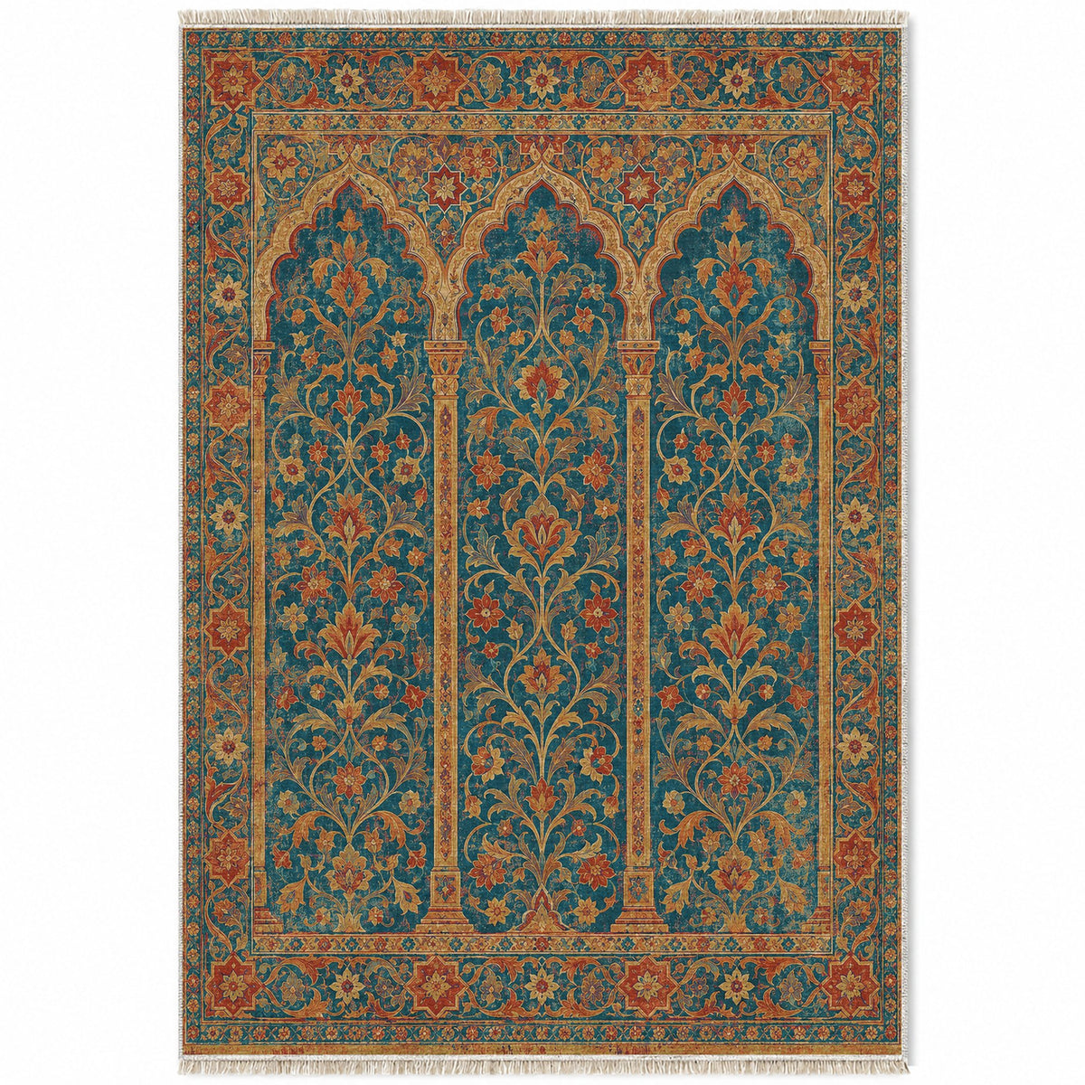Scalloped Arcade Peacock & Ochre washable rug top view
