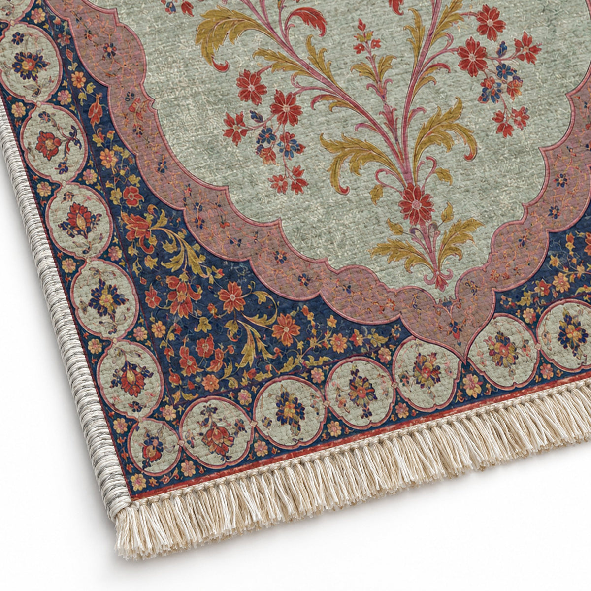 Scalloped Portal Glacier, Ink & Vermilion washable rug close-up of the printed chenille