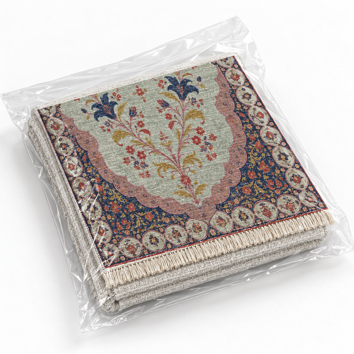 Scalloped Portal Glacier, Ink & Vermilion washable rug rolled and packaged