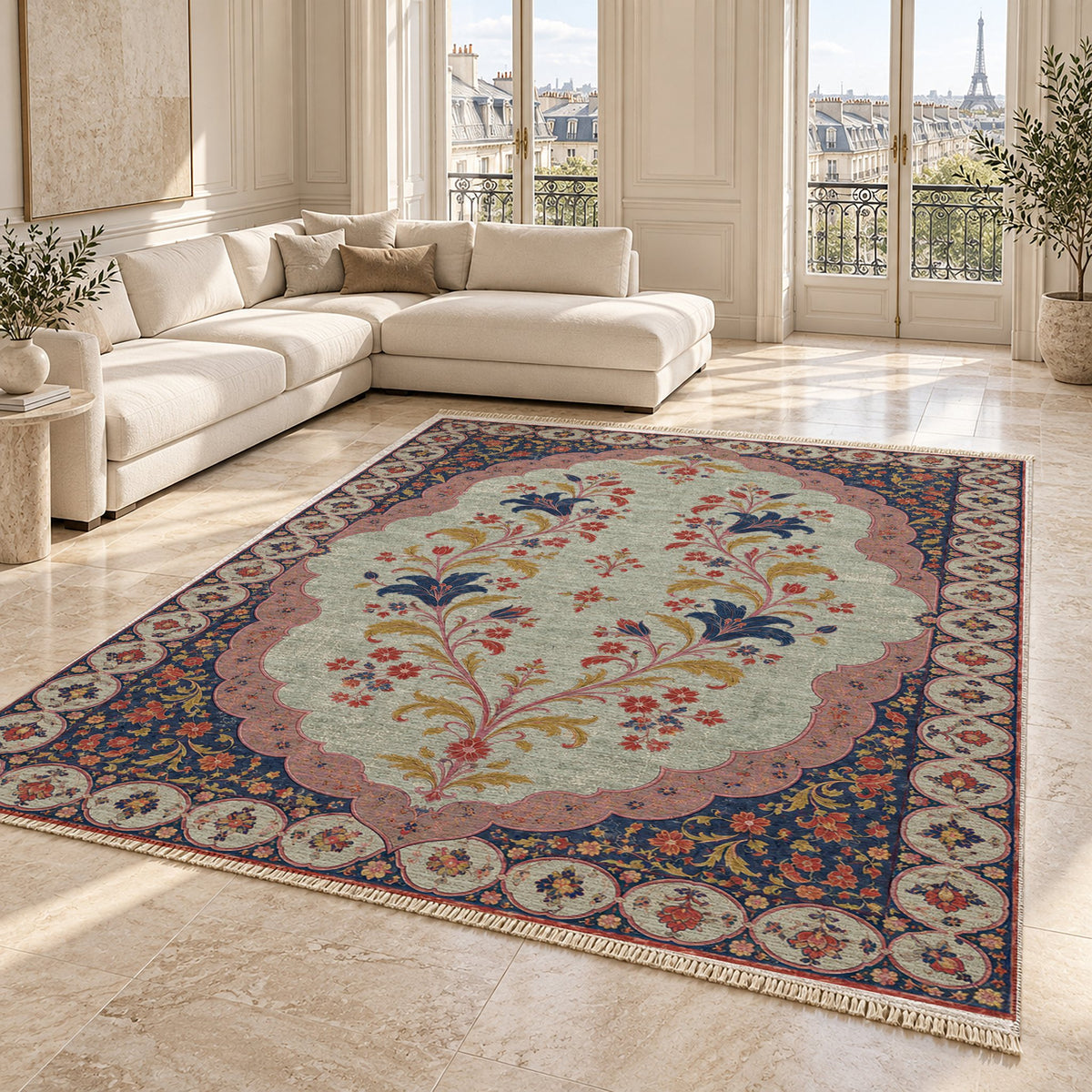 Scalloped Portal Glacier, Ink & Vermilion washable rug angled room view on marble