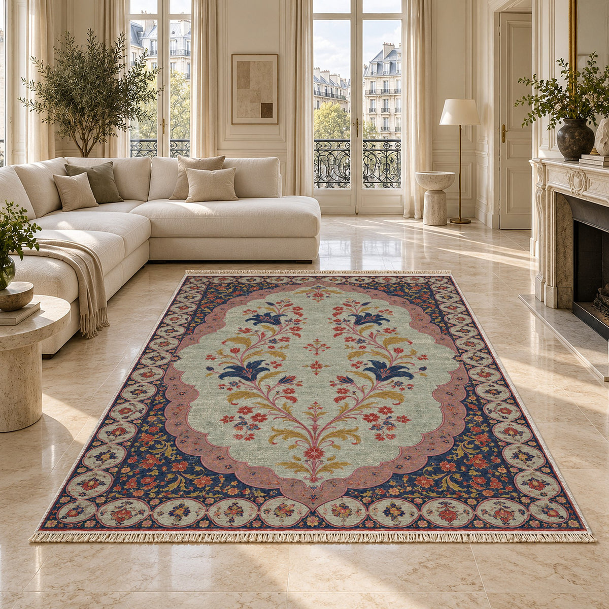 Scalloped Portal Glacier, Ink & Vermilion washable rug on a marble floor