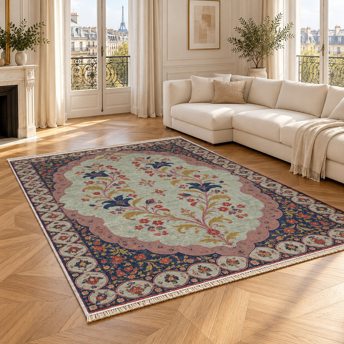 Scalloped Portal Glacier, Ink & Vermilion washable rug angled room view