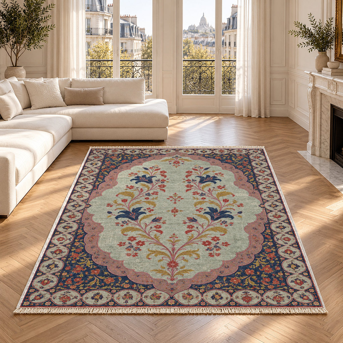 Scalloped Portal Glacier, Ink & Vermilion washable rug in a Paris living room