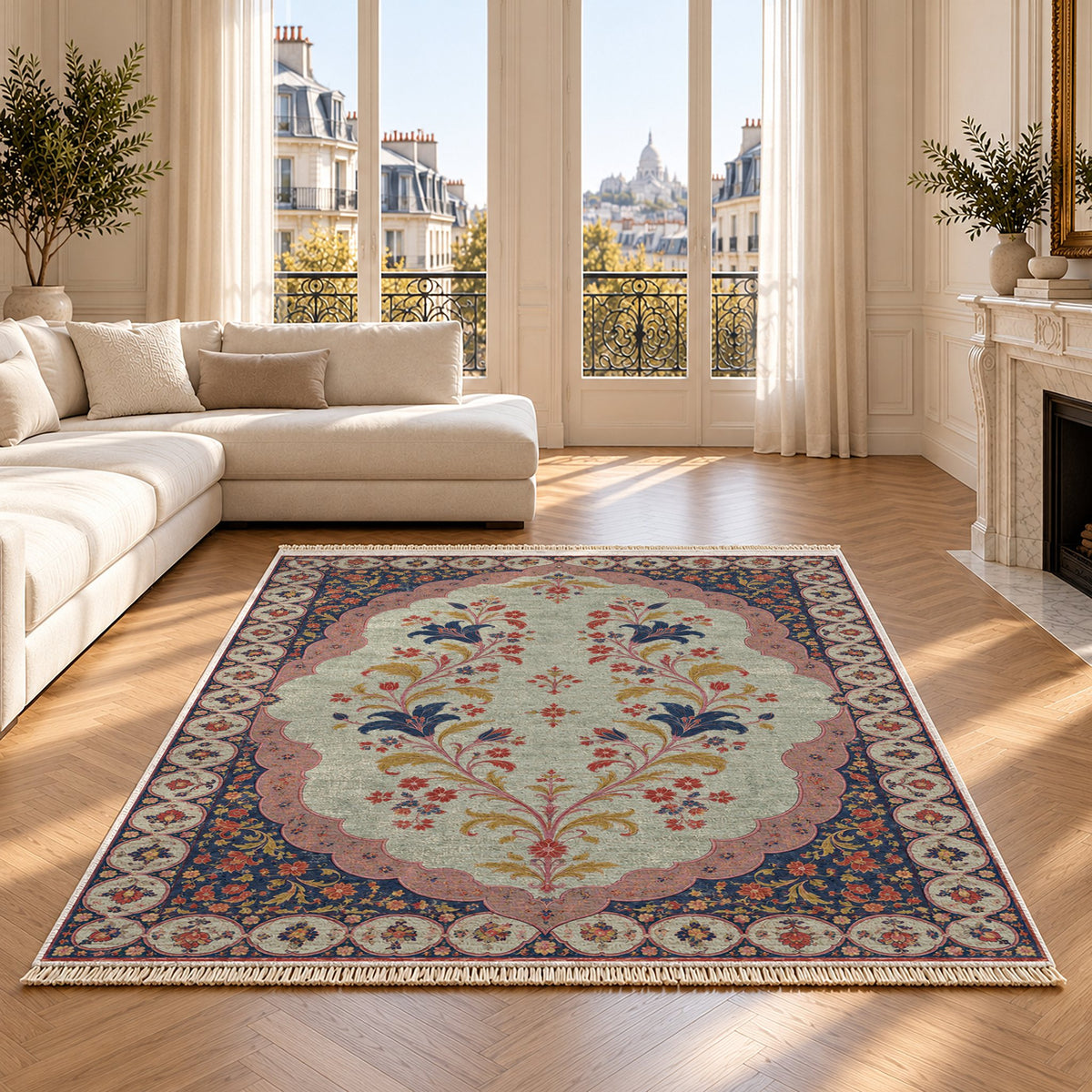 Scalloped Portal Glacier, Ink & Vermilion washable rug on an oak floor