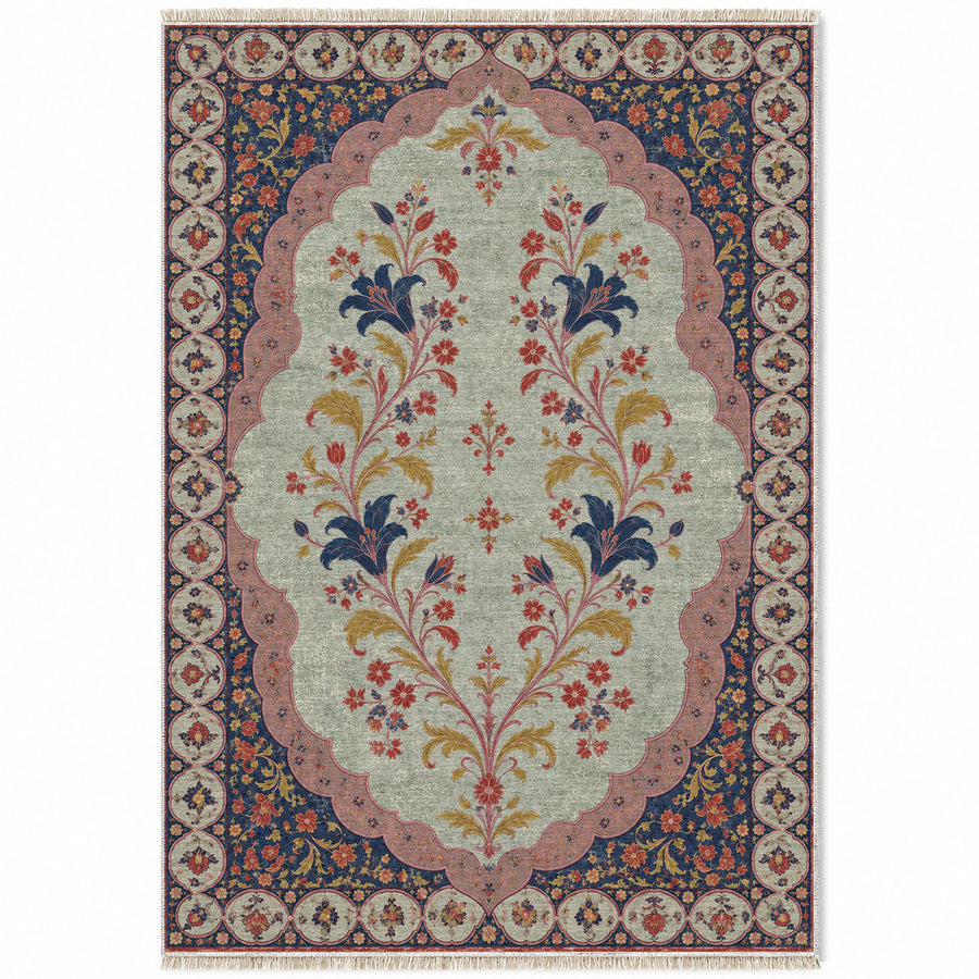 Scalloped Portal Glacier, Ink & Vermilion Distressed Washable Rug