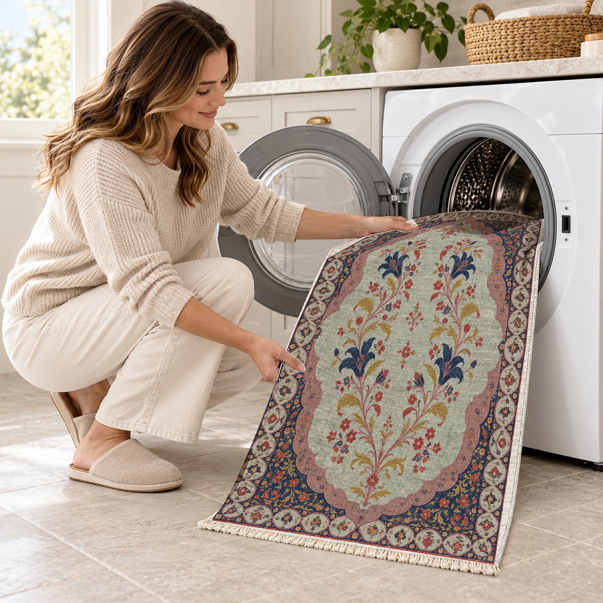Scalloped Portal Glacier, Ink & Vermilion washable rug being loaded into a washing machine