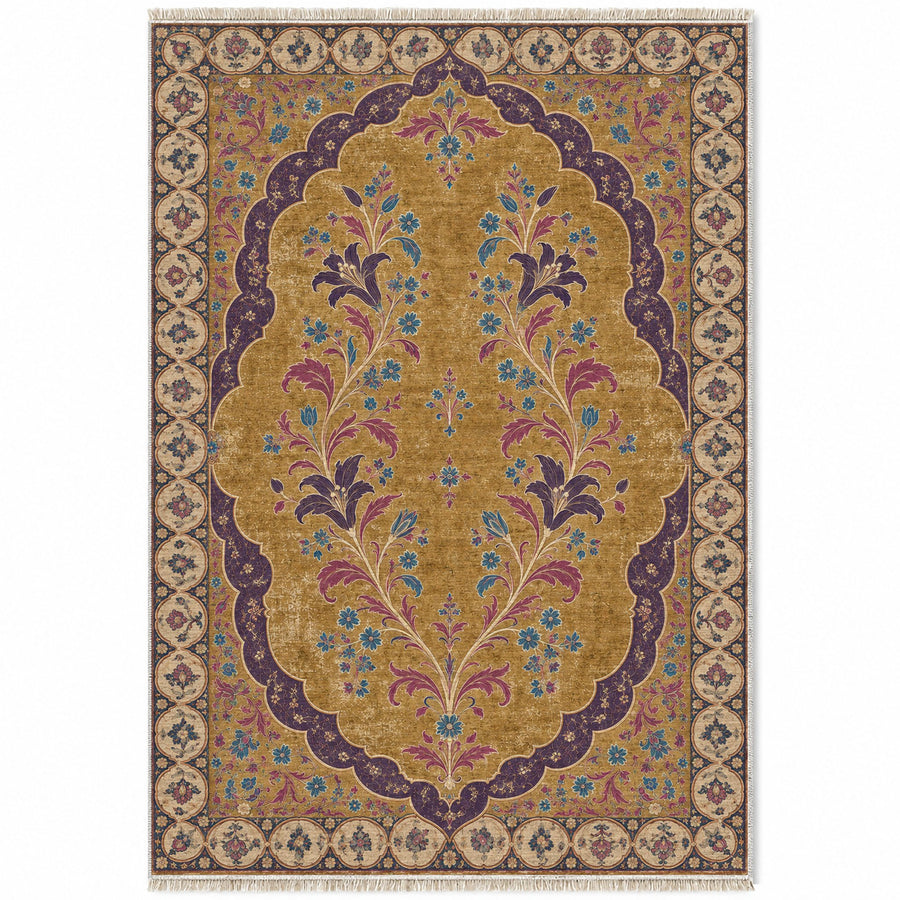 Scalloped Portal Golden, Plum & Azure Distressed Washable Rug