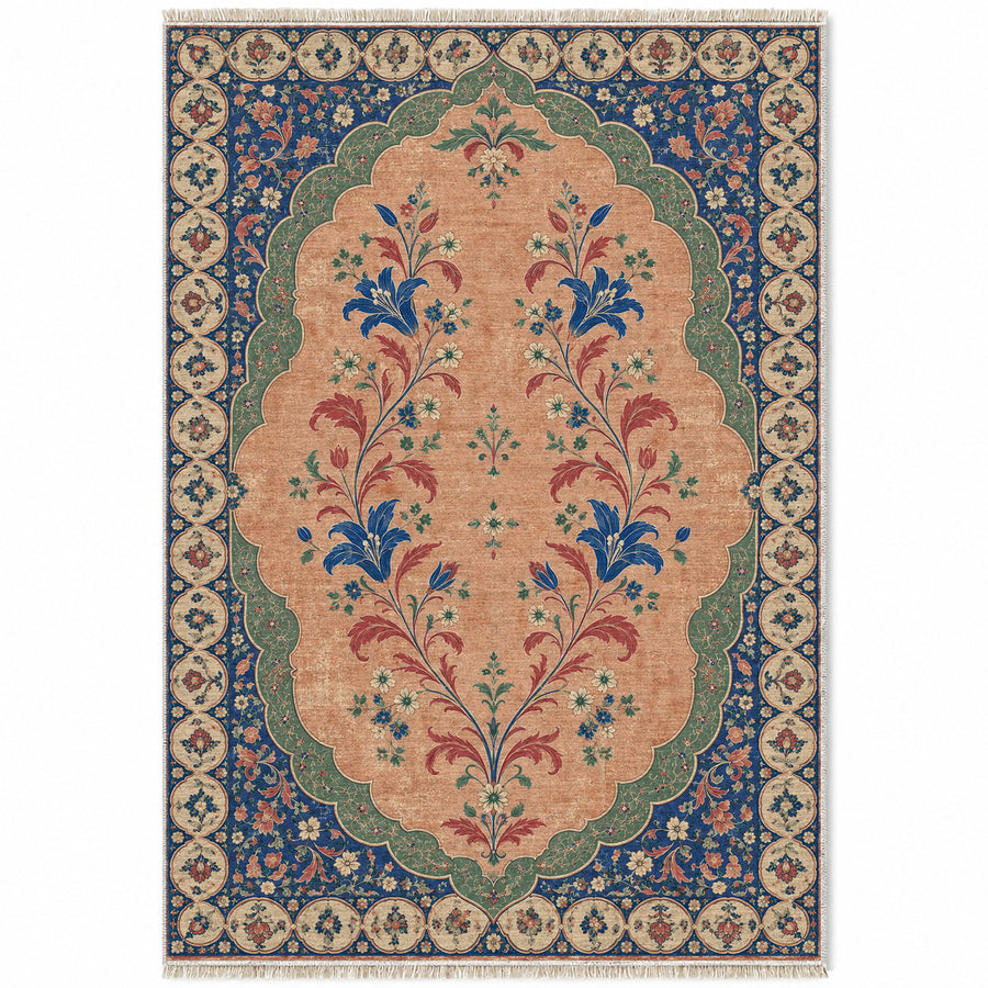 Scalloped Portal Peach, Cobalt & Jade Distressed Washable Rug