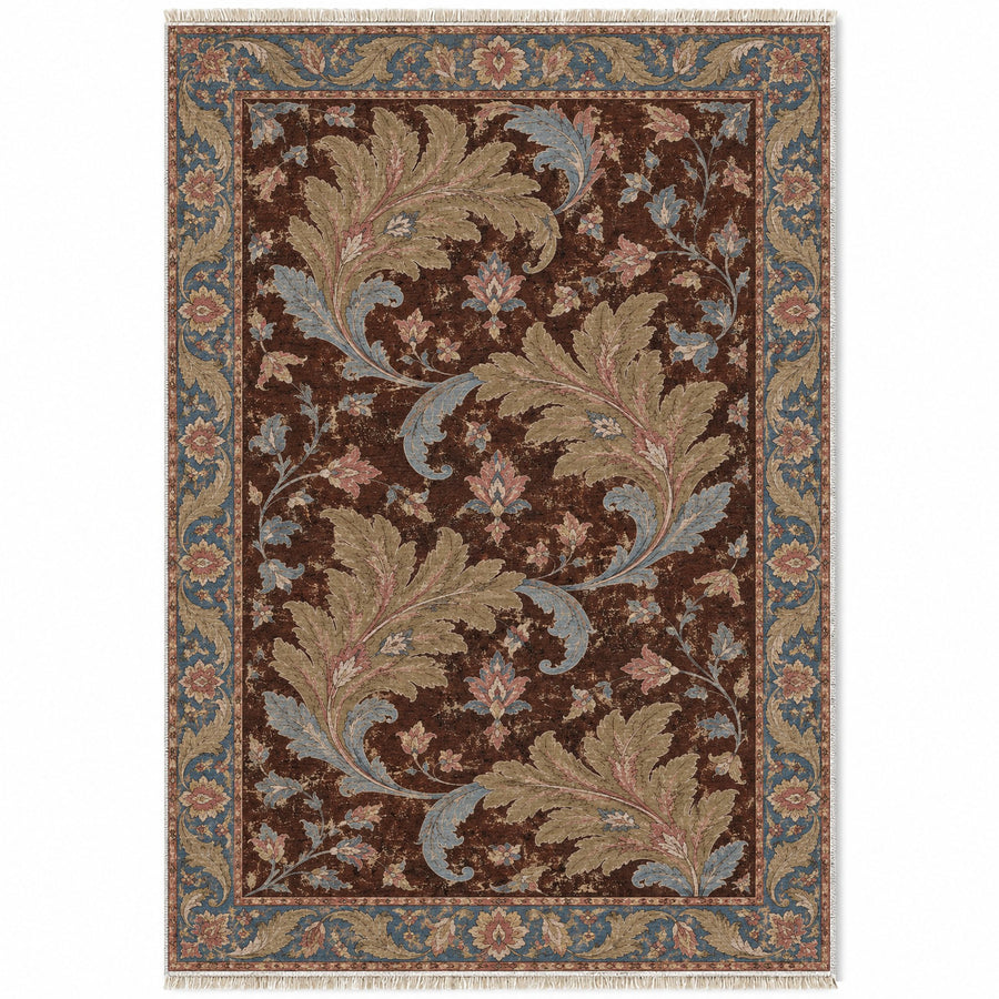 Serrated Leaf Tides Espresso & Cornflower Distressed Washable Rug