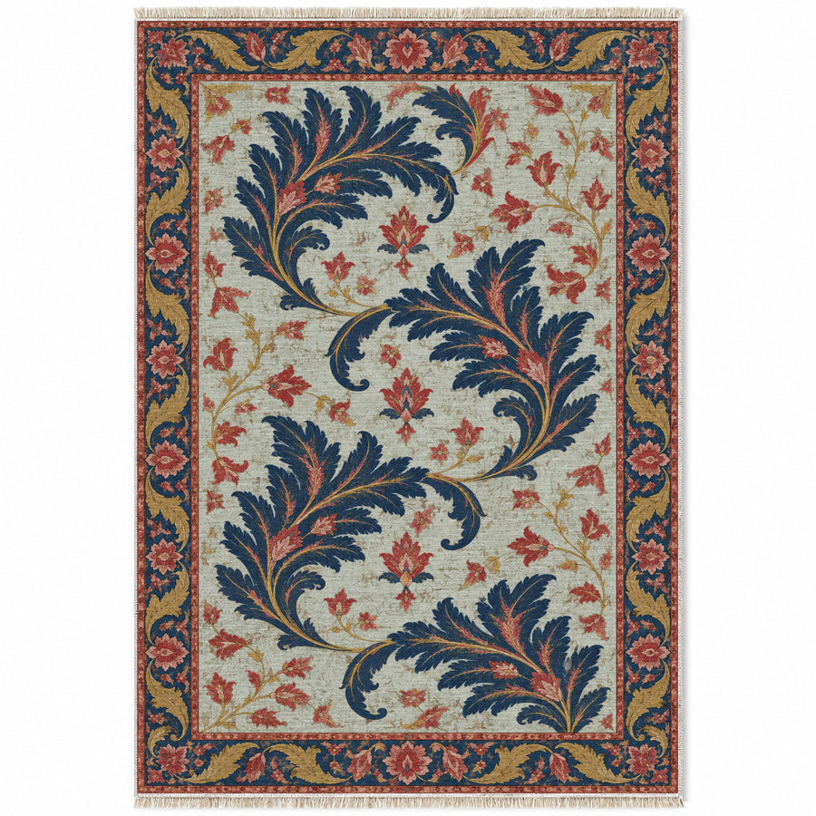 Serrated Leaf Tides Glacier, Ink & Vermilion Distressed Washable Rug