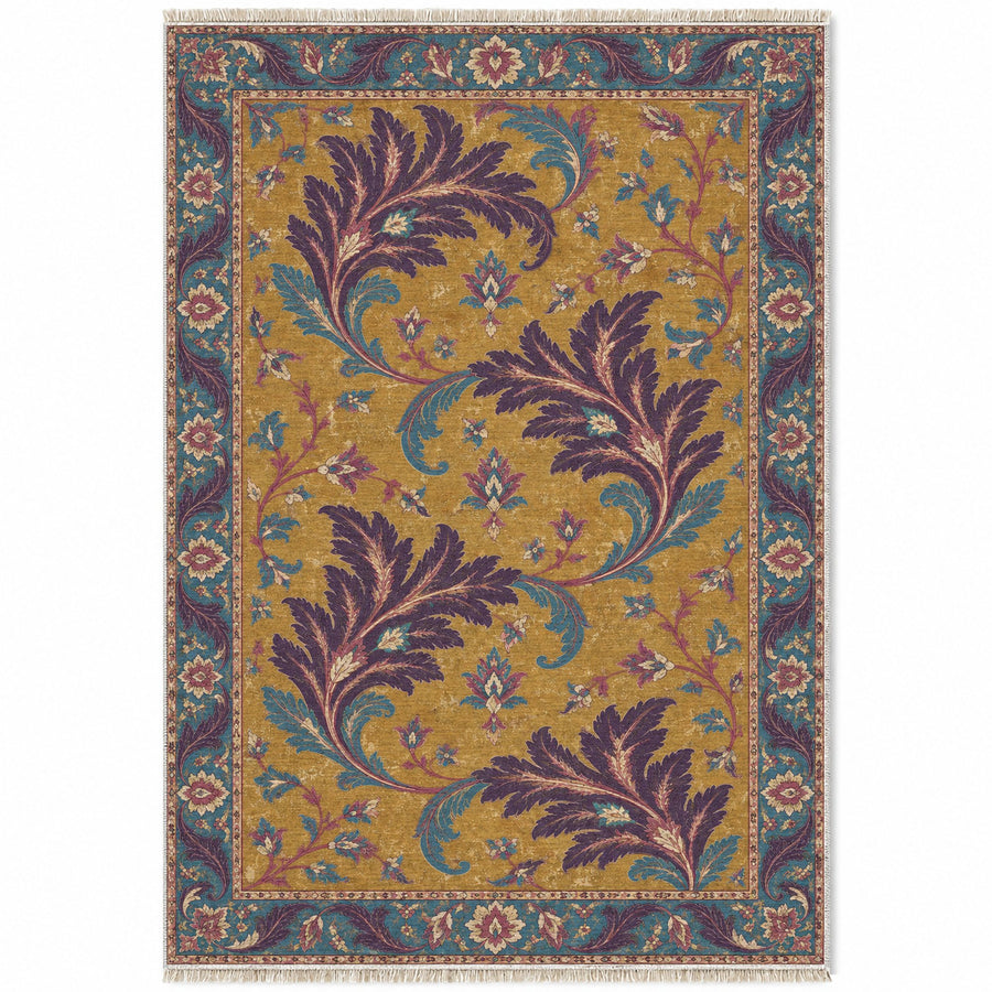 Serrated Leaf Tides Golden, Plum & Azure Distressed Washable Rug