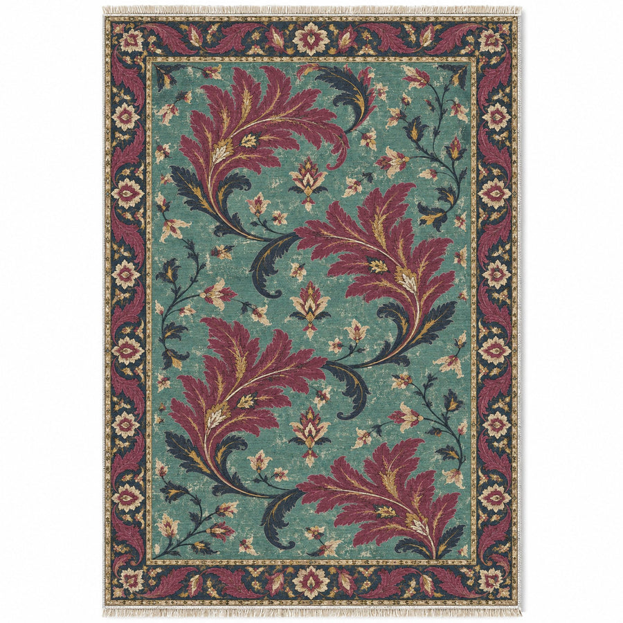 Serrated Leaf Tides Lagoon & Berry Distressed Washable Rug