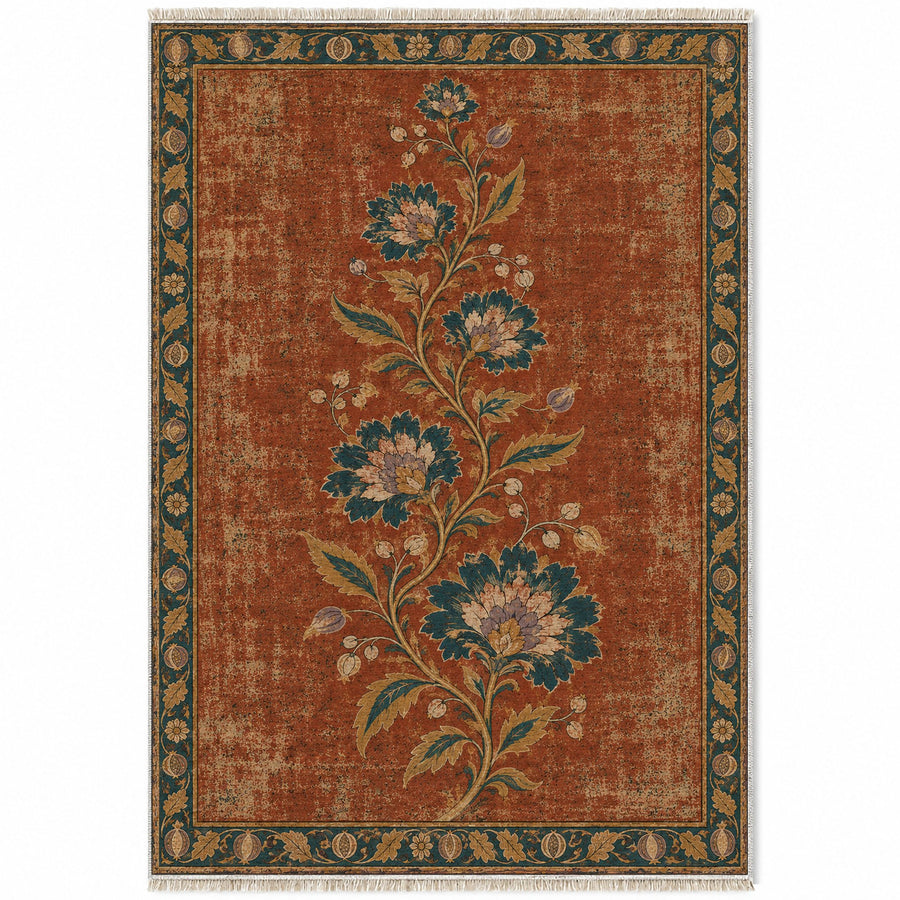 Seven Blossom Ladder Brick & Petrol Distressed Washable Rug
