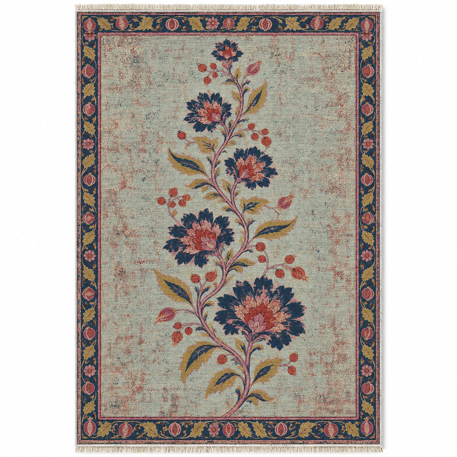 Seven Blossom Ladder Glacier, Ink & Vermilion Distressed Washable Rug