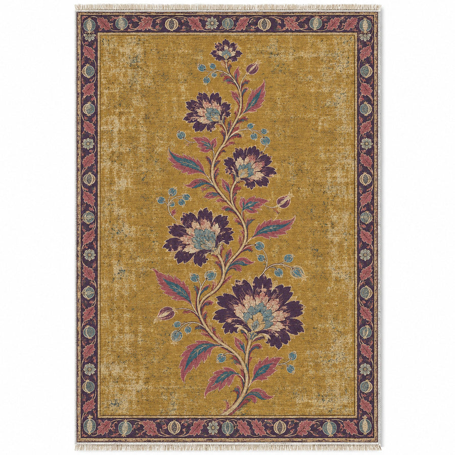 Seven Blossom Ladder Golden, Plum & Azure Distressed Washable Rug