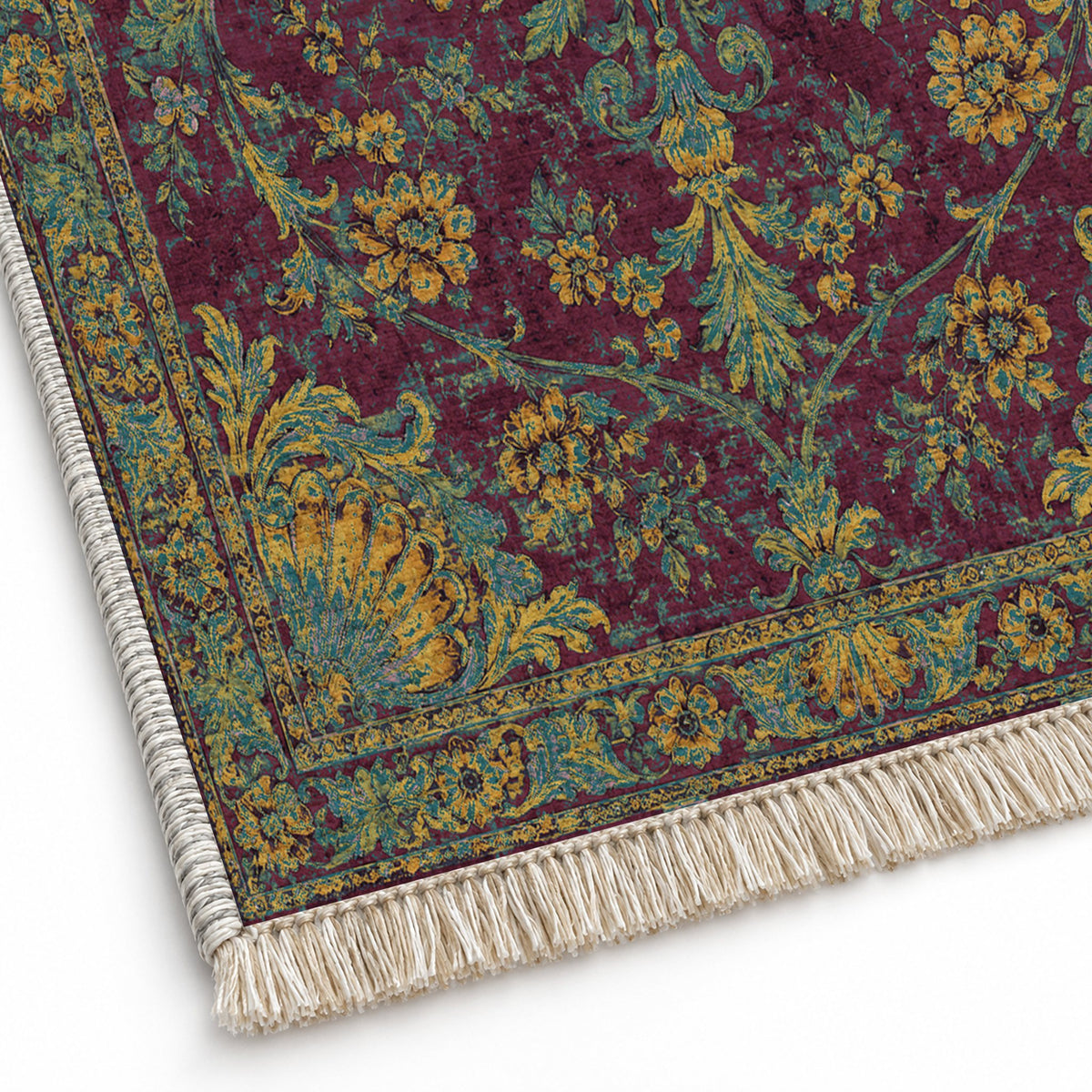 Shell Pavilion Burgundy & Teal washable rug close-up of the printed chenille