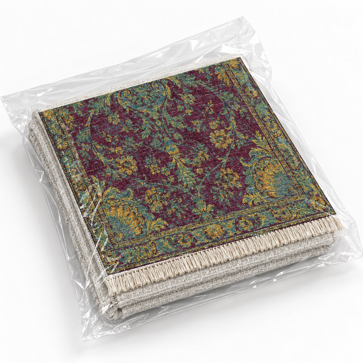 Shell Pavilion Burgundy & Teal washable rug rolled and packaged
