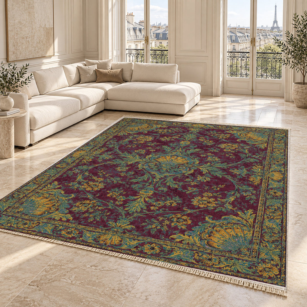 Shell Pavilion Burgundy & Teal washable rug angled room view on marble