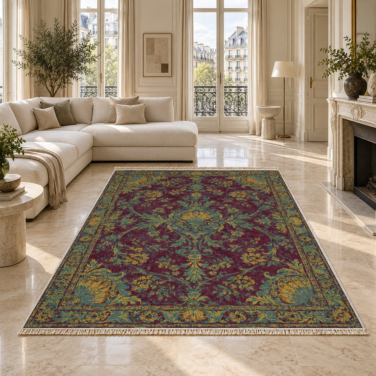Shell Pavilion Burgundy & Teal washable rug on a marble floor