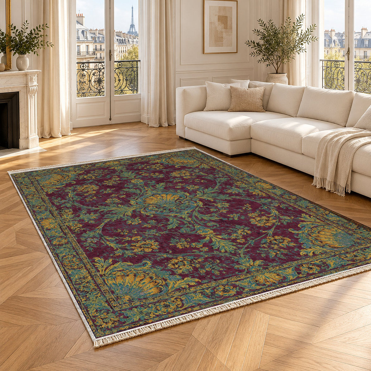 Shell Pavilion Burgundy & Teal washable rug angled room view