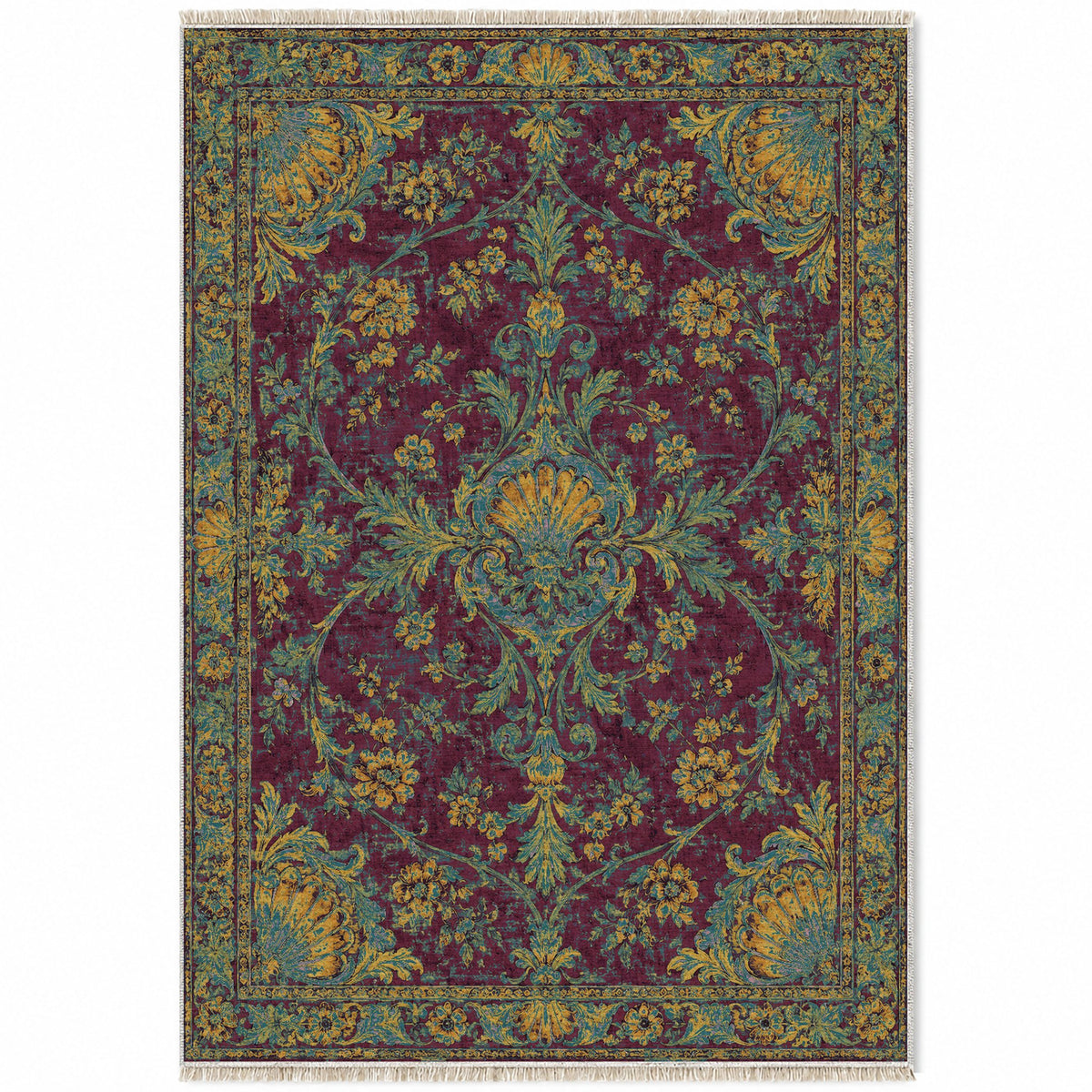 Shell Pavilion Burgundy & Teal washable rug top view