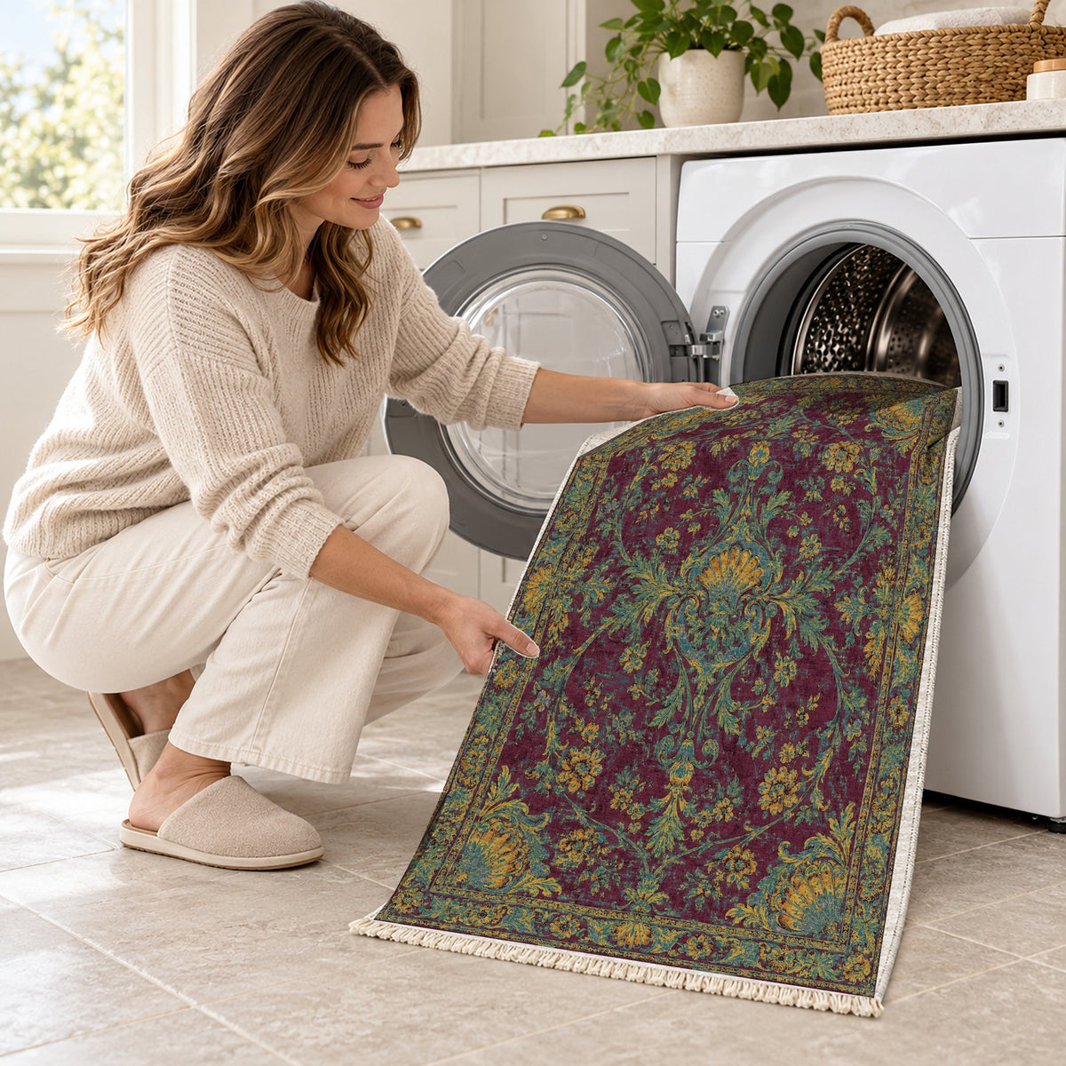 Shell Pavilion Burgundy & Teal washable rug being loaded into a washing machine