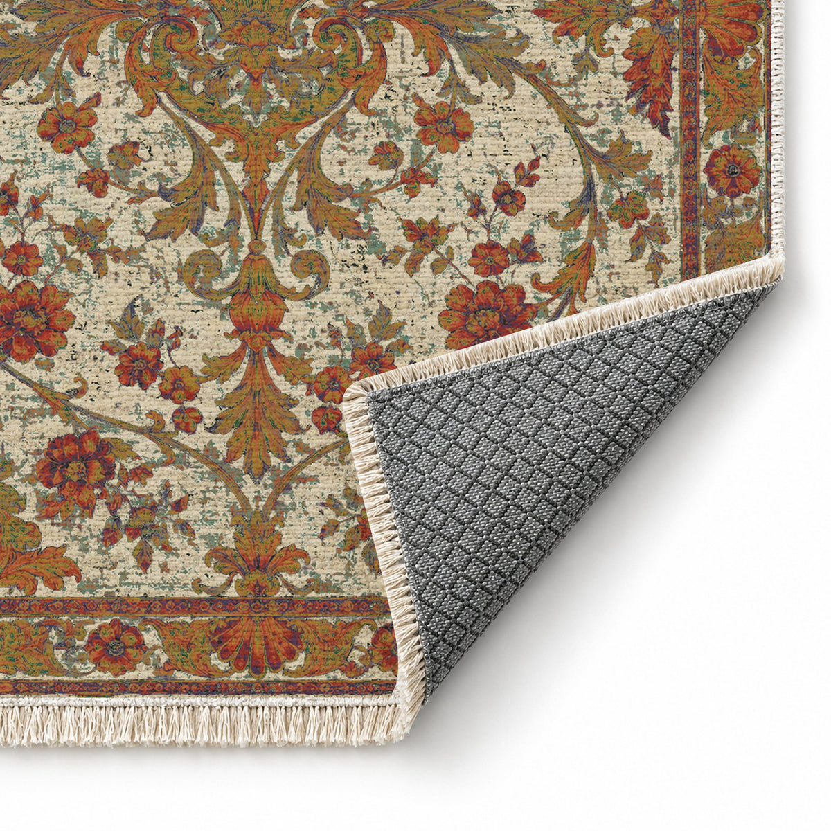 Shell Pavilion Emerald & Terracotta washable rug folded corner showing the backing
