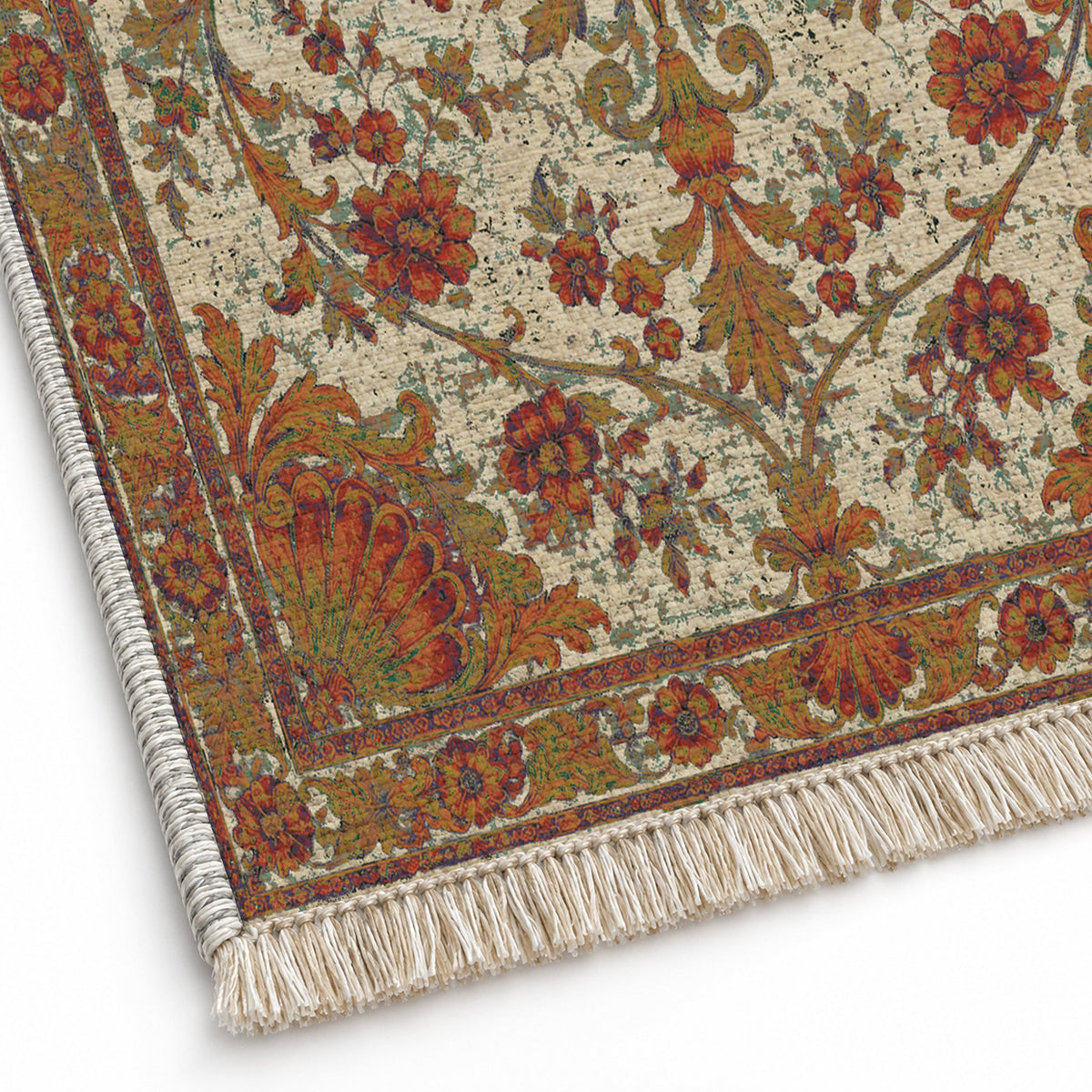 Shell Pavilion Emerald & Terracotta washable rug close-up of the printed chenille