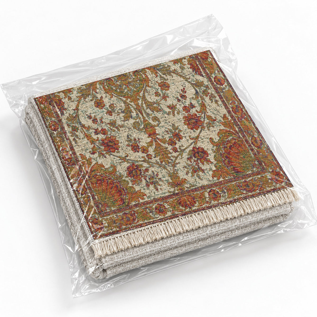 Shell Pavilion Emerald & Terracotta washable rug rolled and packaged