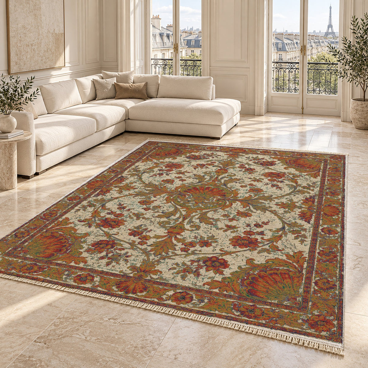 Shell Pavilion Emerald & Terracotta washable rug angled room view on marble