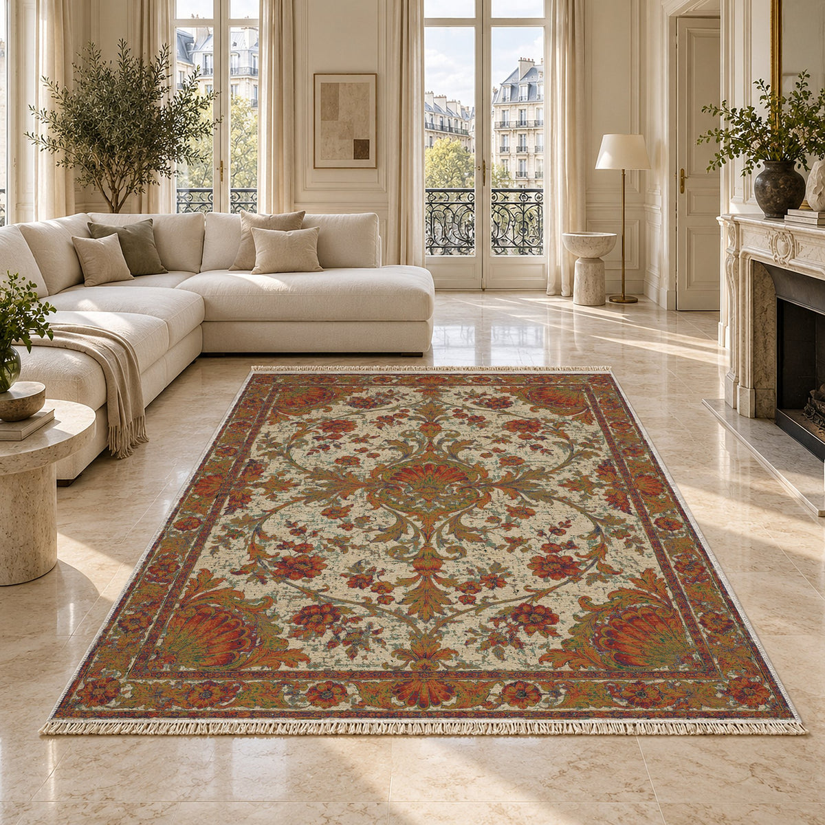 Shell Pavilion Emerald & Terracotta washable rug on a marble floor