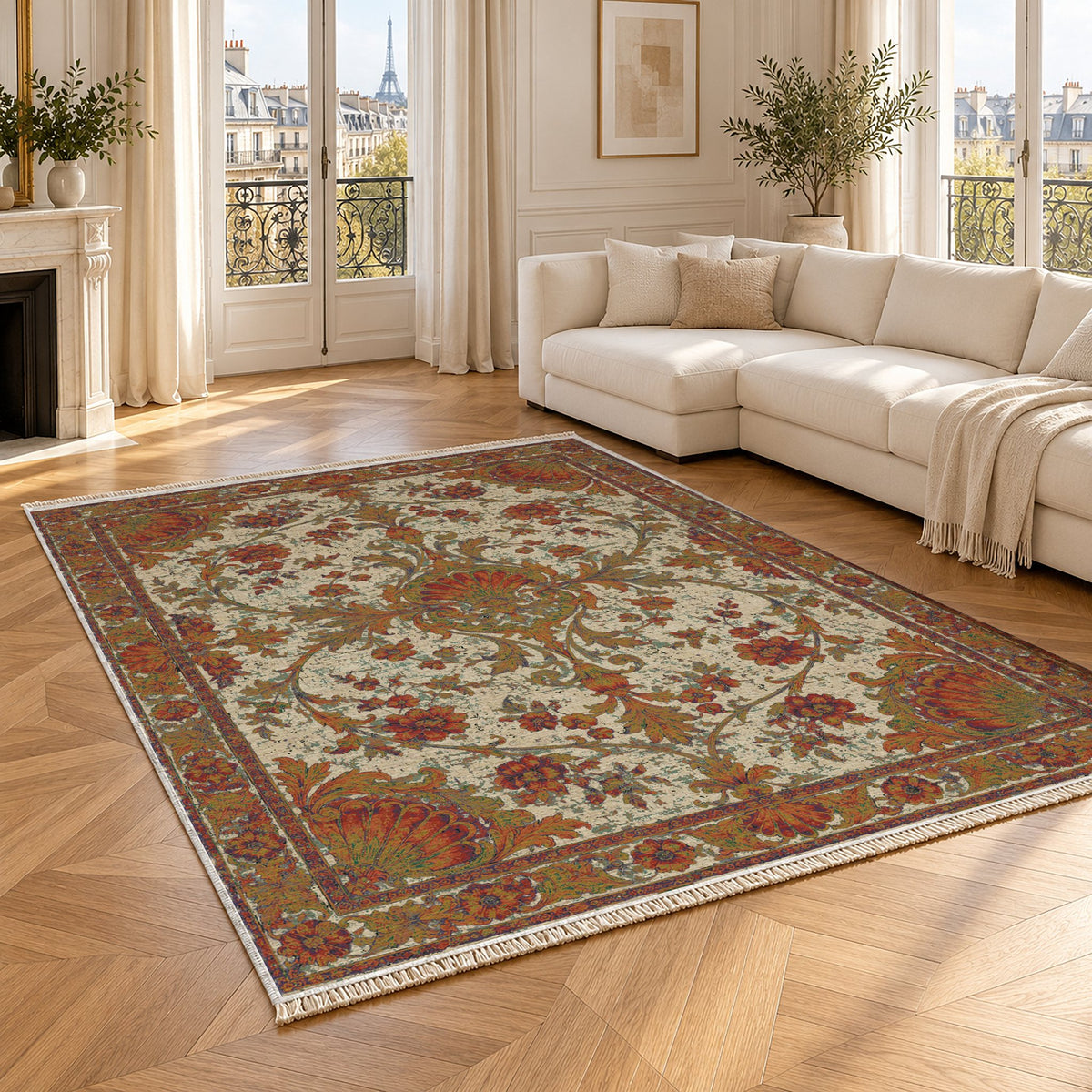Shell Pavilion Emerald & Terracotta washable rug angled room view
