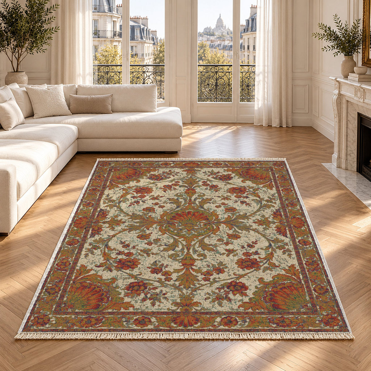 Shell Pavilion Emerald & Terracotta washable rug in a Paris living room