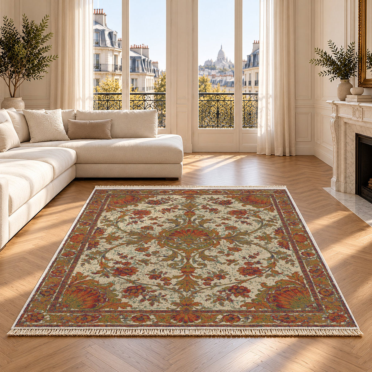 Shell Pavilion Emerald & Terracotta washable rug on an oak floor