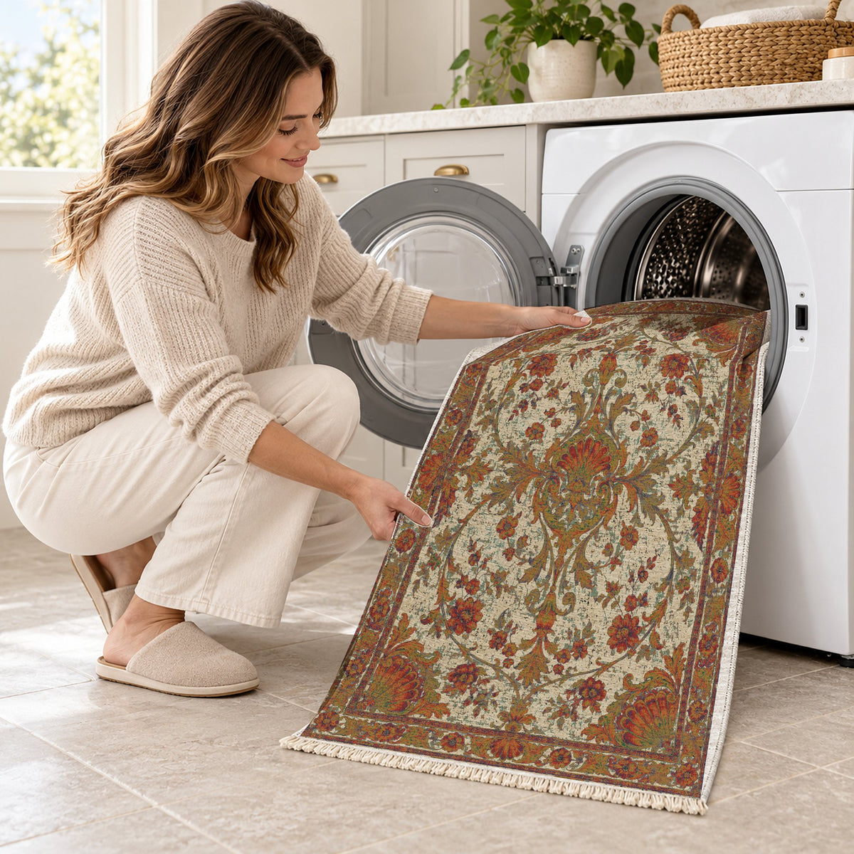 Shell Pavilion Emerald & Terracotta washable rug being loaded into a washing machine