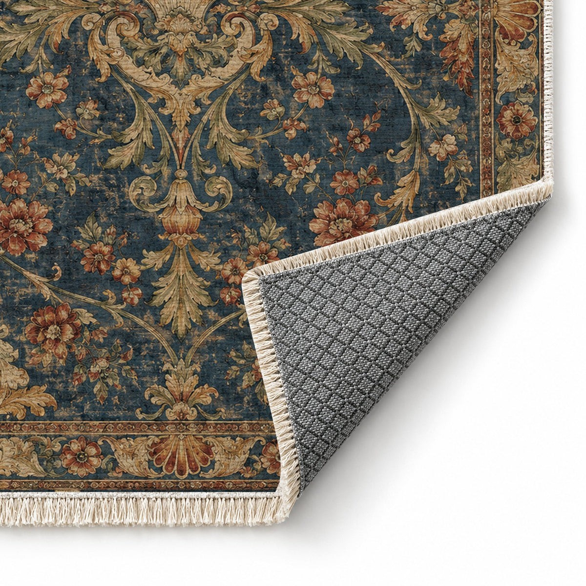 Shell Pavilion Indigo & Rust washable rug folded corner showing the backing