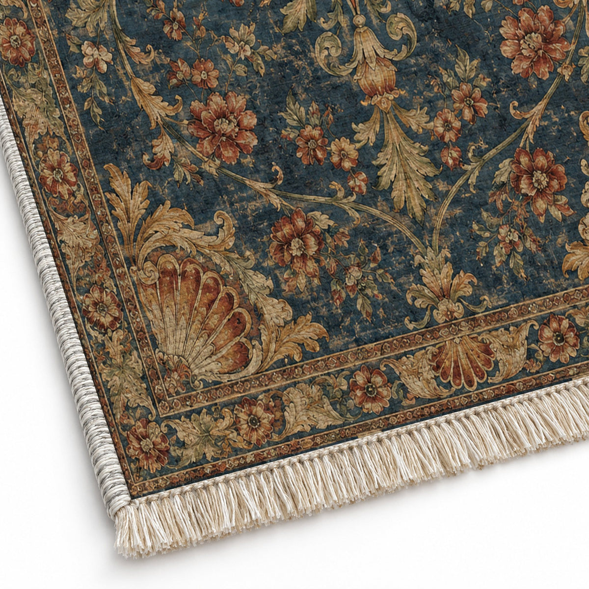 Shell Pavilion Indigo & Rust washable rug close-up of the printed chenille