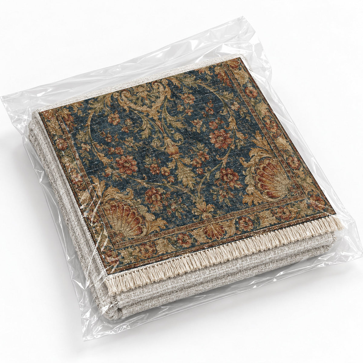 Shell Pavilion Indigo & Rust washable rug rolled and packaged