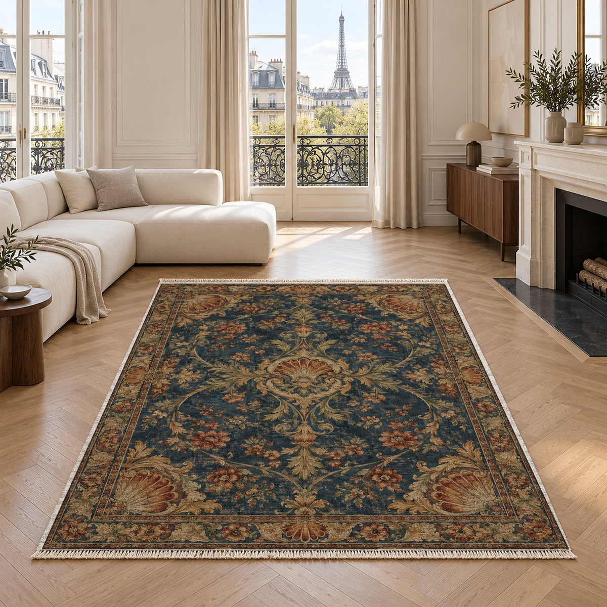 Shell Pavilion Indigo & Rust washable rug in a living room with an Eiffel Tower view