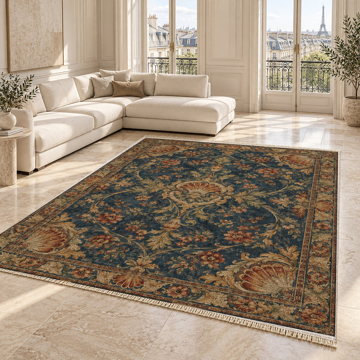 Shell Pavilion Indigo & Rust washable rug angled room view on marble